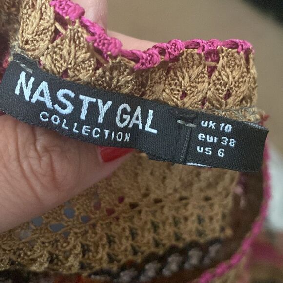 NWOT Nasty Gal Crochet Fuchsia Pink Tan Stripe Short Sleeve Maxi Dress - Picture 5 of 11